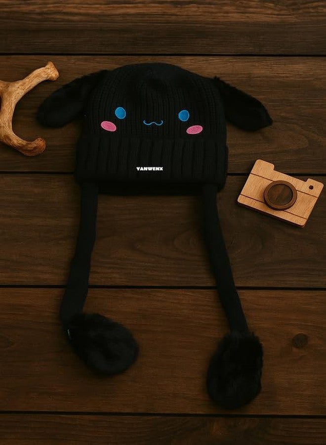 Yanwenx Bunny Cap with Moving Ears for Kids (1-10 Yrs) | Plush Wool Winter Hat | Cute Girls Headwear & Funny Cap_Black - Image 5